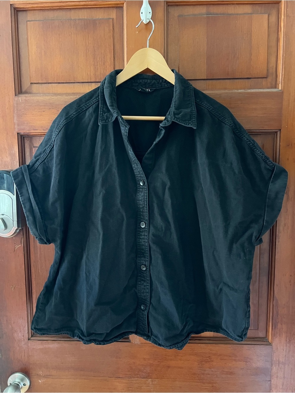 MONKI Oversized Black Button Up Shirt Size L Boxy Cotton Short Sleeve Blouse